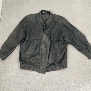 Vintage Express Genuine Leather Bomber Jacket Men L Black Sun Faded 90s Full Zip